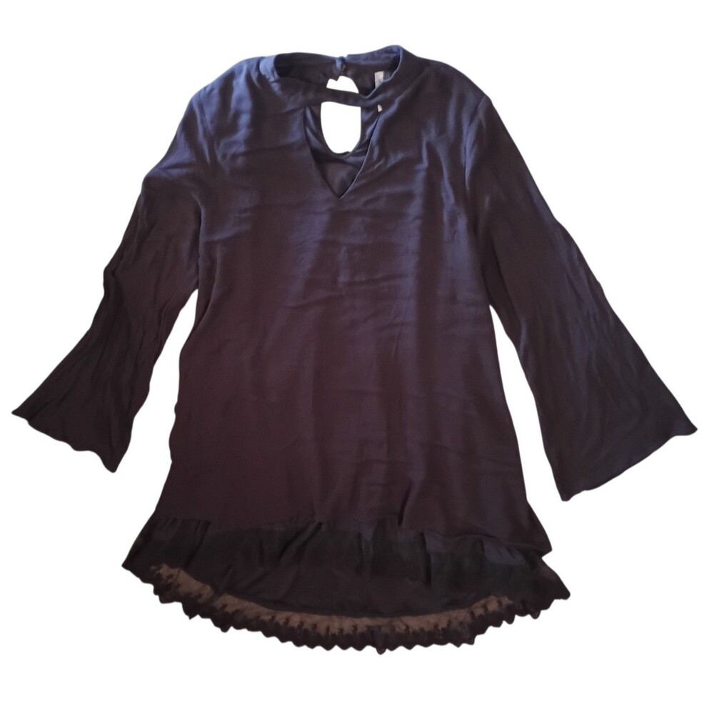 Mittoshop Black Long Bell Sleeve Blouse with Cutout Neckline - Boho Tunic
